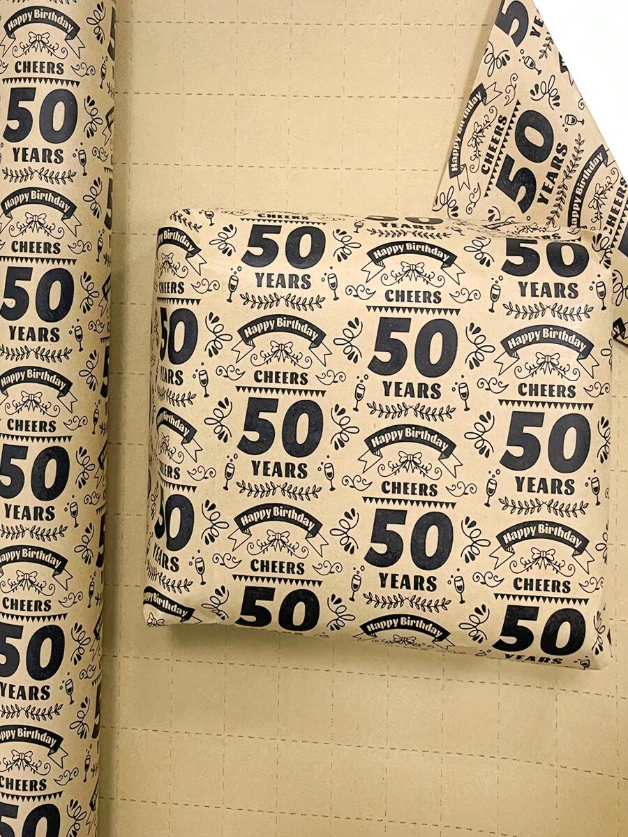 50歲生日禮品包裝紙 - 牛皮紙材質,43公分 X 3公尺 (1捲)。適合包裝50歲生日禮物,也可用作50週年慶祝派對的裝飾。 - 均碼 - 查看 1