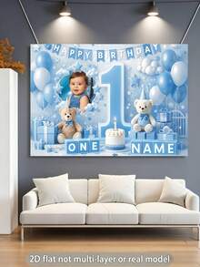 Customizable Name & Photo Blue 1st Birthday Teddy Bear Backdrop, Birthday Cake Cloud Flag Decor Design, Personalized 1st Birthday, Baby Shower Party Background, Photography Banner Prop, Vinyl Material - Light Blue - View 4