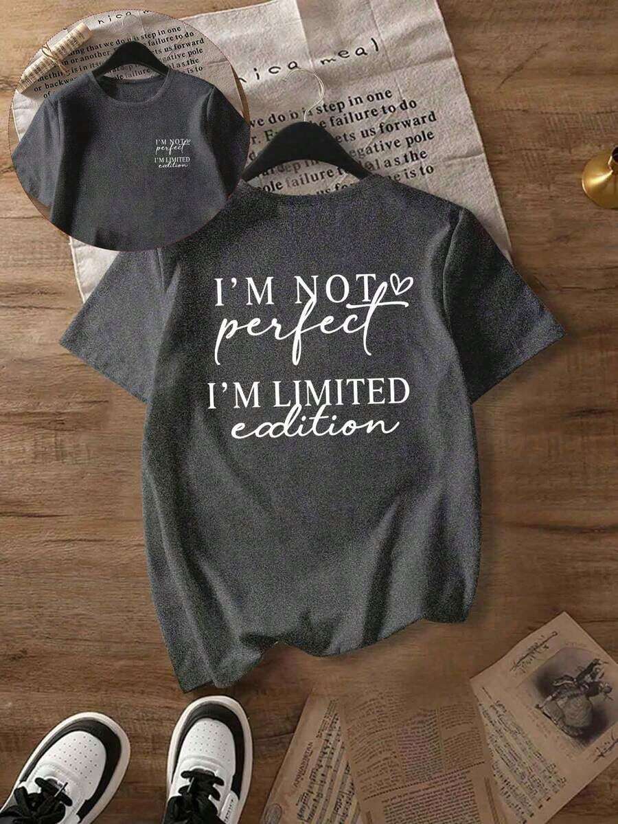 Limited Edition Printed T-Shirt For Women | I'm Not Perfect, Fashionable White T-Shirt For Spring/Summer, Casual, Round Neck And Short Sleeve - abu-abu gelap - View 1