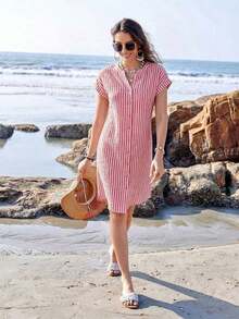 Vestido camisero de verano para mujer, de manga corta, cuello en V y rayas, hasta la rodilla, vestidos de verano para mujer, vacaciones - Multicolor - Ver 4