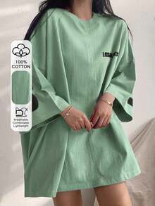 Camiseta holgada de manga larga con cuello redondo y estampado de letras para mujer, de estilo casual y suelto para el verano - verde menta - Ver 7