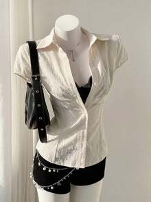 Jafgg Elegante Camisa Blanca de Tela Tejida para Mujer, Manga Corta, Casual, Lisa, con Detalle Fruncido en el Busto - Albaricoque - Ver 12