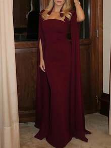 Vestido largo francés primavera 2026, liso ajustado con abertura, estilo elegante - Rojo - Ver 3