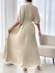 xheRafferiza Vestido largo elegante para mujer con cuello redondo, manga farol, cintura plisada y unicolor holgadoxhe - Caqui - Ver 2