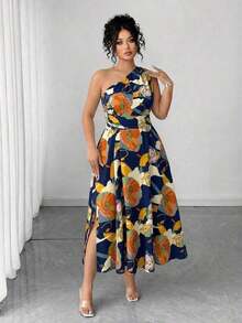 Vestido elegante de mujer de talla grande con estampado floral azul y blanco, elegante y chic para fiestas, graduaciones, vacaciones, festivales, citas, bodas y salidas - Azul marino 3 - Ver 5