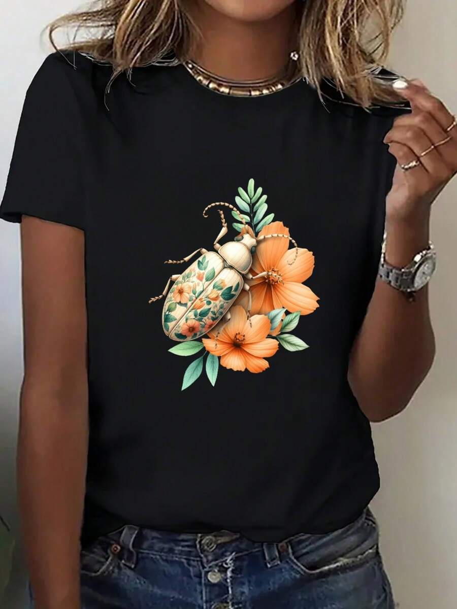 Camiseta manga corta cuello redondo 100% algodón, estampado trendy, tejido ligero y ventilado, estilo moda casual, apta para vida diaria, salidas informales y citas en primavera, verano y otoño - Negro - Ver 1