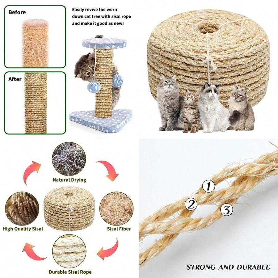 Cat Natural Sisal Rope 1/4 Inch 6mm 98-Feet for Cat Scratching Post Tree Tower Replacement Repair and Replace, DIY Hemp Twine Rope for Cat Scratching Furniture Window Perch and Crafts Gardening - Primario 6 mm 96 pies - Ver 1
