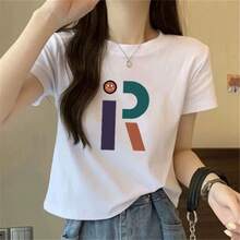 Women's Pure Cotton Short-Sleeved T-Shirt, New Summer Style, White Cropped Top With A Round Neck And Fitted Cut, Versatile For Petite Figures, Made Entirely Of Cotton. OLST - 短款高腰-大字母R - 查看 12