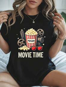 Women's Casual Short Sleeve Crew Neck T-Shirt - Popcorn And Movie Night Graphic Print, Black With White Lettering, Lightweight Spring Summer T-Shirt For Casual Wear And Movie Nights, Relaxed Fit, Fun Design, Comfortable Fabric - 黑色 - 查看 6