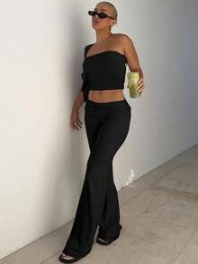 Nueva blusa de sujetador sólido, pantalones largos de trompeta, traje de adelgazamiento de moda para mujeres - Negro - Ver 3