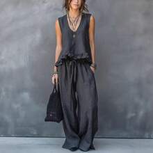 Conjunto casual de dos piezas para mujer talla grande con escote en V sin mangas detalle de volantes en gris oscuro moda verano - Gris - Ver 8
