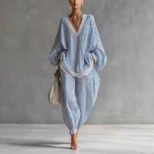 Conjunto de dos piezas para mujer con encaje y rayas azules y blancas talla grande ropa de mujer nueva moda holgada manga larga y pantalones anchos - Azul - Ver 7