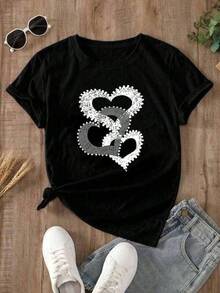 Special Offer On Plus Sizes: 1pc Women's Short-Sleeved, Crew-Neck Athletic T-Shirt, 100% Cotton, 180g. Designed By A Y2K Artist In The Bababask Style, Ideal For Everyday Wear, Parties, And All Kinds Of Celebrations. Featuring A Stylish And Modern Letter Print, It's Perfect As A Gift Or For Couples To Coordinate, And Can Be Worn Any Time Of Year. - 黑色 - 查看 7