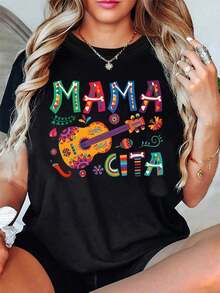 Women's Mexican Style MAMA CITA T-Shirt With Guitar Graphic Print, Short Sleeves And Round Neck, Casual Top For Summer And Spring, Women's Clothing - 黑色 - 查看 9