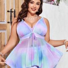 Swim Mod Conjunto de 2 piezas de talla grande para mujer, traje de baño Tankini adelgazante con cuello en V y estampado Tie-Dye - Rosa - Ver 6
