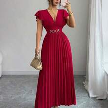Elenzya New V-Neck Ruffle Sleeve Woven Solid Color Metal Decor Button Pleated Design Elegant Young Party Holiday Dinner Cocktail Maxi Dress For Women - Azul - Ver 8