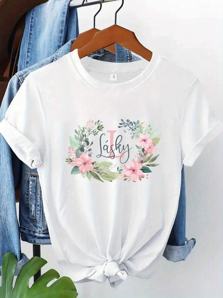 [Artículo Personalizado] Camiseta Personalizada con Nombre Inicial y Diseño Floral en Acuarela para el Día de la Madre, Regalo de Navidad, Regalos para el Día de la Madre, Regalos Festivos, Camiseta Personalizada con Nombre Inicial y Diseño Floral en Acuarela, para Mamá, Maestra, Hija, Regalos para Ella - Blanco - Ver 1