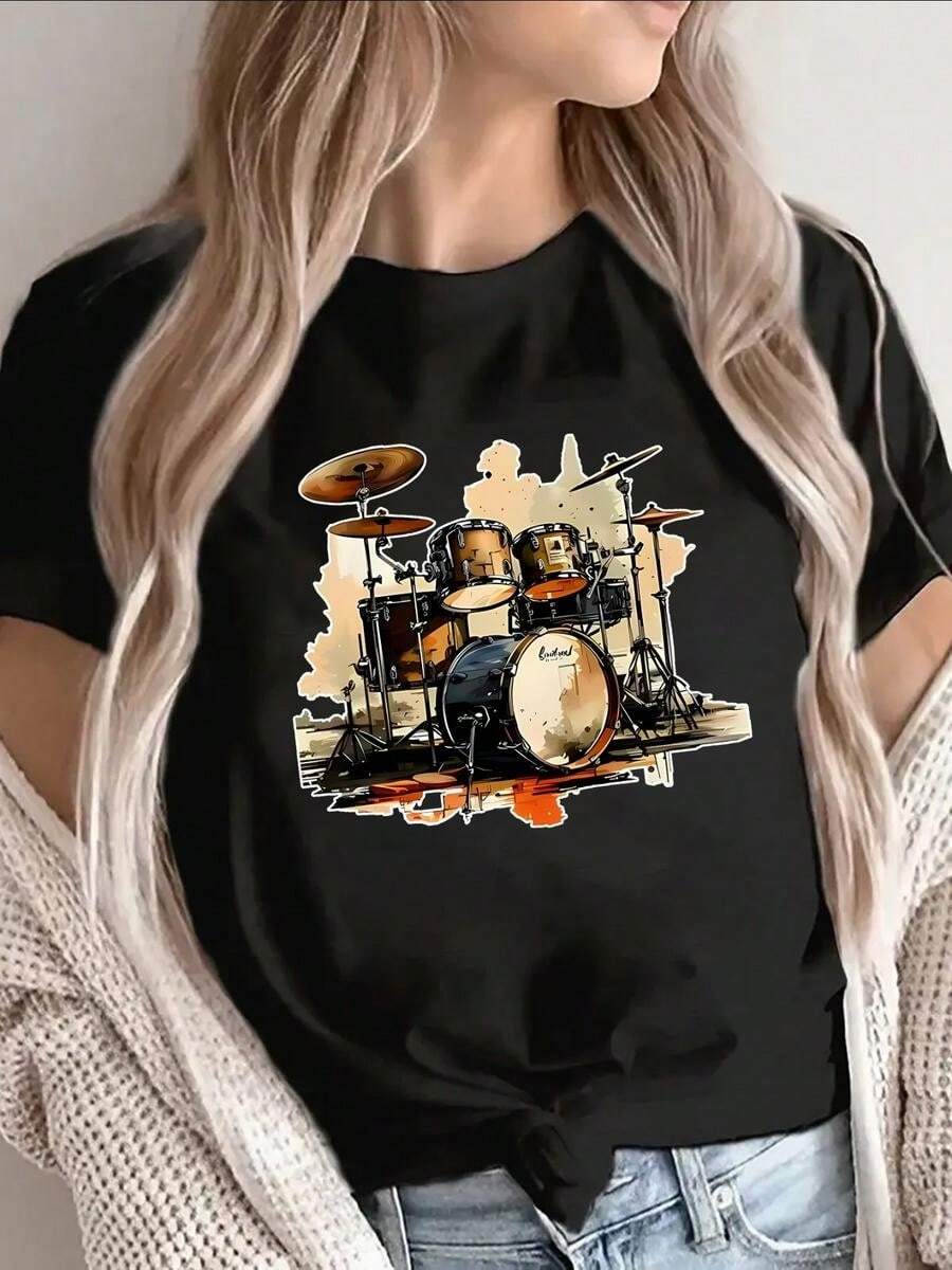 1 Classic And Versatile Piece, Pure Cotton Short-Sleeved T-Shirt, Suitable For All Seasons, Battery-Shaped Design For Women, Modern Style. - Black - View 1
