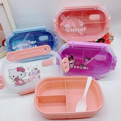  1pc Sanrio Hello Kitty, Kuromi, My Melody Lunch Box - Bento Box With Spoon, Pink/Blue/Purple, Cute Anime Character Design, Portable Food Container For School, Office, Travel - Gift For Sanrio Fans, School Lunch Box, Playful Aesthetics, Leak-Proof Design, Dual Compartment Container, Kawaii Lovers, Birthday Gift, Back To School