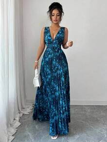 Vestido elegante y romántico para mujer con escote en V sin mangas, cintura hueca, plisado en línea A y estampado floral - Multicolor 5 - Ver 3