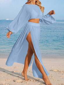 Swim Vcay Conjunto de dos piezas de cubrecuerpo casual de manga larga y abertura para la playa para mujer, color blanco - Celeste - Ver 3