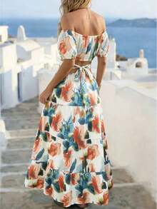 Hdsgga Casual - Vestido Casual de Vacaciones con Hombros Descubiertos y Lazo en la Espalda - Verde - Ver 5
