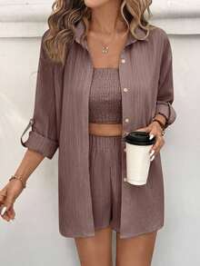 Conjunto de dos piezas de mujer en tela tejida color caqui: Top corto casual con cuello y pantalones cortos con mangas a la muñeca y detalles de bolsillo, para vacaciones - Camel - Ver 5