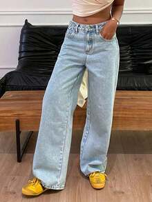 Pantalones vaqueros de pierna ancha con bolsillo en diagonal, pantalones vaqueros anchos - Lavado ligero - Ver 9