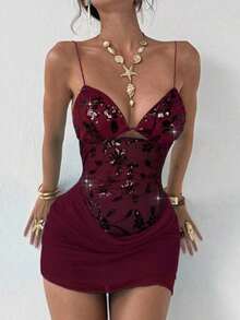 Nuevo vestido camisero romántico y sexy con cuello en pico, contraste de malla brillante y shorts, mini vestido anti-destellos - Burdeos - Ver 7
