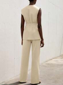 Conjunto de chaleco sin mangas de unicolor y pantalones para mujer, de moda para el verano - Albaricoque - Ver 2