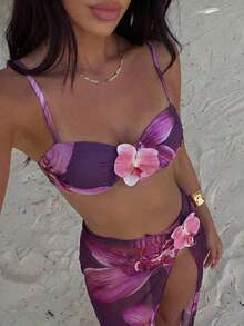 Swim Chiccia Conjunto de 3 piezas para primavera/verano: Top con tirantes ajustables y aros, Bottom de natación de corte alto y falda de malla, conjunto de traje de baño elegante para mujeres para vacaciones en la playa, conjunto de ropa de vacaciones para mujeres, coordinado para vacaciones de mujeres - Multicolor - Ver 1