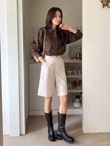 Camisa holgada con botones y hombros caídos, manga larga, ropa de otoño - Marrón Chocolate - Ver 4
