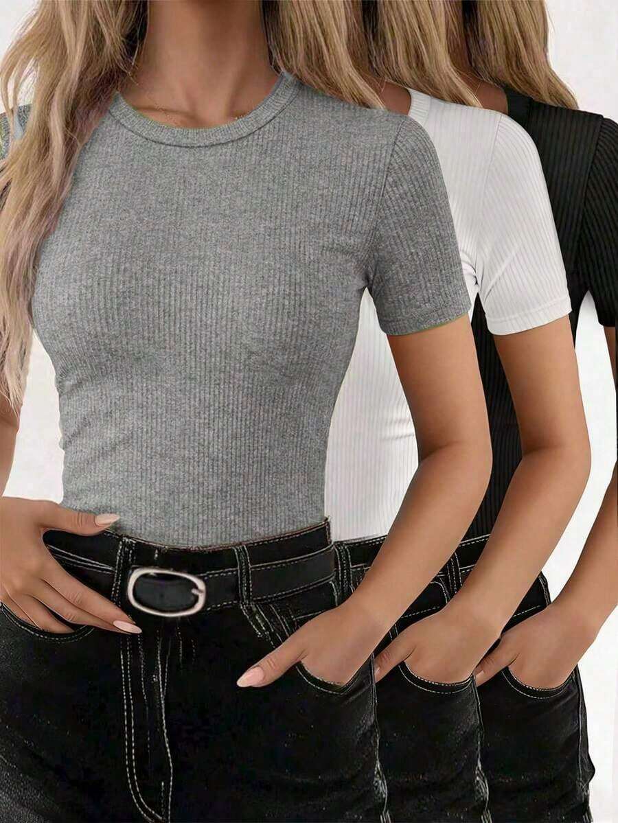 Camiseta casual de mujer de unicolor de manga corta y acanalada - Multicolor - Ver 1