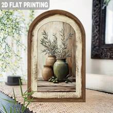 1pc 2D Flat, Vintage Rustic Olive Branch Flower Vase Arch Wooden Wall Decor, Suitable For Home, Kitchen, Living Room, Entryway, Office, Decorative Sign - A - View 1