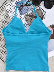 Top corto sin mangas de activewear deportivo de yoga para mujer, camiseta elástica, transpirable y de fitness para el verano - Azul Marino - Ver 3