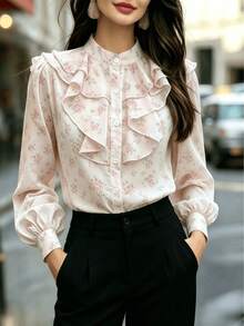 Women's Floral Chiffon Shirt, Stand Collar Long Sleeve Ruffle Button Top, For Daily, Home, Holiday, Travel, Date, Spring Summer Fall Vacation Pink - Pink - View 5