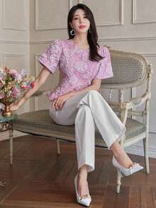Pantalones casuales de mujer con bolsillo delantero liso, estilo casual de negocios, pantalones de vestir de mujer de talle bajo - Blanco - Ver 5