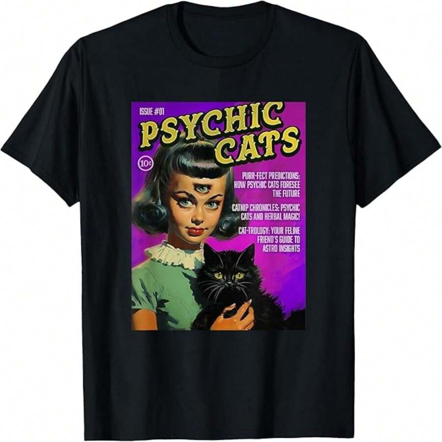 Women's Psychic Cats Graphic Tee Casual Cotton Round Neck Short Sleeve T-Shirt - Negro - Ver 1