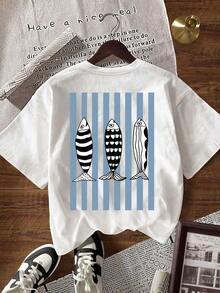 Nuevas llegadas para el verano. Camiseta de manga corta con cuello redondo, estampado de rayas y peces, estilo casual para mujer, blusa de verano, camisa > Hermosa. - Blanco - Ver 11