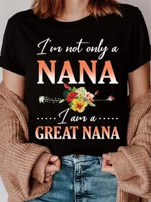 Camiseta de Cuello Redondo con Estampado "Plus Size, Great Nana" para Mujer - Manga Corta Casual, Poliéster Transpirable, Lavable a Máquina - Perfecta para Primavera y Verano - Negro - Ver 7