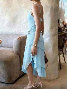 Elegante Vestido de Satén con Cuello Drapeado, Detalle de Volantes y Corte Largo – Color Sólido para Mujer - Azul - Ver 5