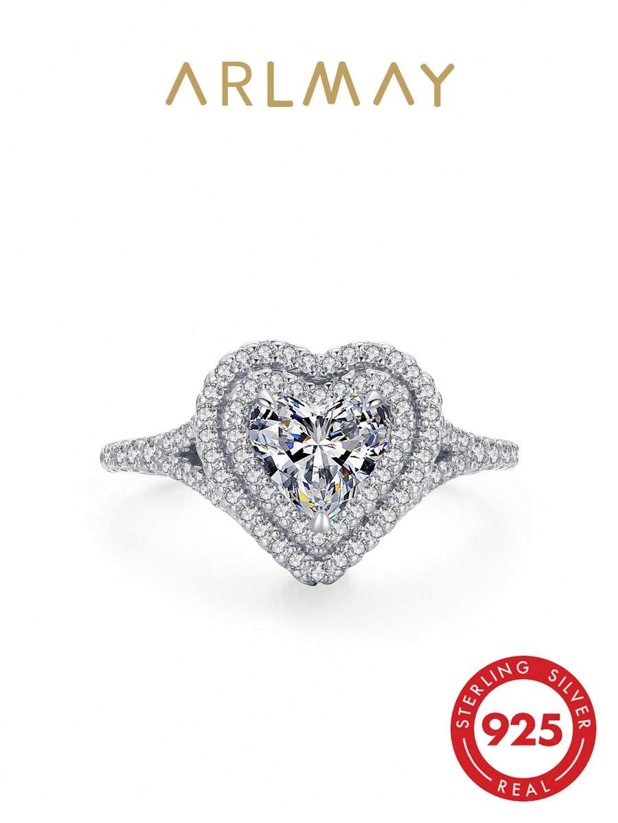 1pc 925 Sterling Silver Romantic Luxury Heart Shaped Sparkling 5A CZ Ring, Bridal Statement Jewelry - Silver - View 1