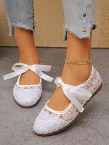 1 Paio di Eleganti Scarpe Mary Jane con Ricamo Floreale in Rete e Allacciatura, Punta Tonda, Scarpe da Ballo Slip-On Adatte per Vacanze, Casual, Quotidiano, Spiaggia, Servizi Fotografici - Bianco - Visualizzare 3