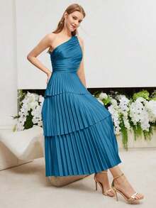 PREMIUM Vestido De Un Hombro Ajustado Tejido Con Pliegues - Azul - Ver 9