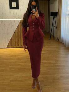Set de 2 piezas Traje formal elegante de negocios: Blazer + Falda con abertura en el bajo - Burdeos - Ver 3
