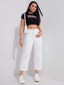 Jeans rectos de pierna ancha casual lavados para mujer - Blanco - Ver 2