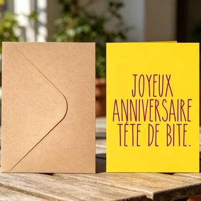 Funny French Prank Birthday Card - Joyeux Joke And Trick Card For Friends - With Leather Envelope - Adult Humorous Blessing Card