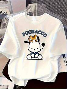 Camiseta oficial de  para mujer, colaboración de  y  Dog - Corte holgado con estampados de personajes de anime adorables, con diseños de  y  Dog, fondo blanco con letras azules, manga corta, cuello redondo, ropa casual de primavera/verano, estilo urbano. | Diseño exquisito |   Suelto y cómodo |   Fácil de combinar | - Blanco - Ver 1