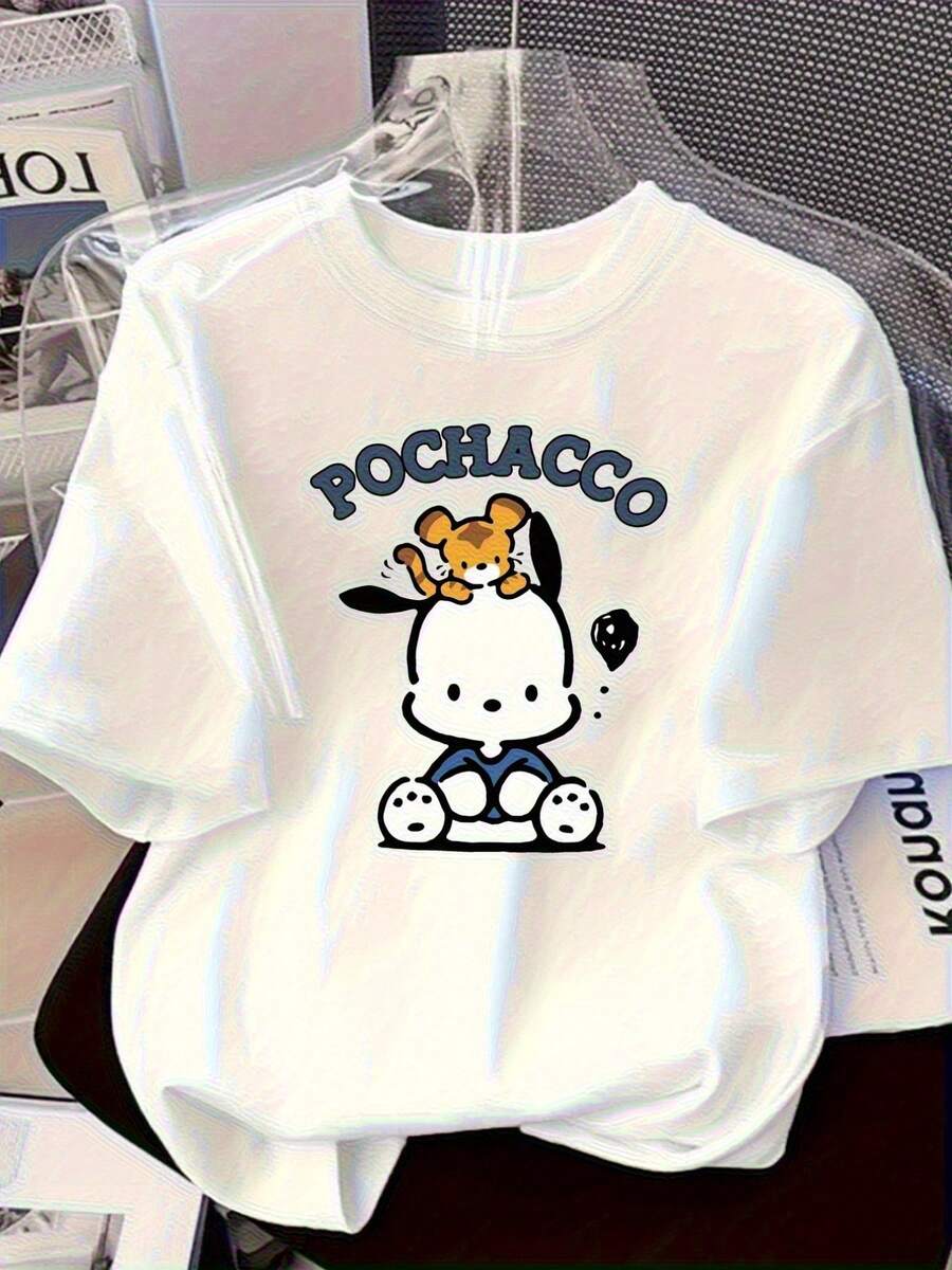 Camiseta oficial de  para mujer, colaboración de  y  Dog - Corte holgado con estampados de personajes de anime adorables, con diseños de  y  Dog, fondo blanco con letras azules, manga corta, cuello redondo, ropa casual de primavera/verano, estilo urbano. | Diseño exquisito |   Suelto y cómodo |   Fácil de combinar | - Blanco - Ver 1