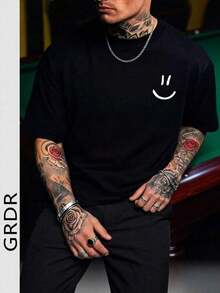 Men's Short-Sleeved, Crew-Neck T-Shirt With A Fun  Face Graphic Print. A Comfortable And Casual Summer Garment, Ideal For Everyday Wear, Outings, Meetings, And Various Informal Occasions. - 黑色 - 查看 3